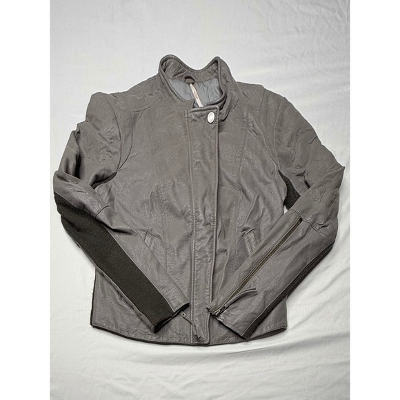 Free People Jackets & Blazers - Free People Vegan Leather Moto Jacket Grey Ribbed Knit Panels Womens Size 10 T7